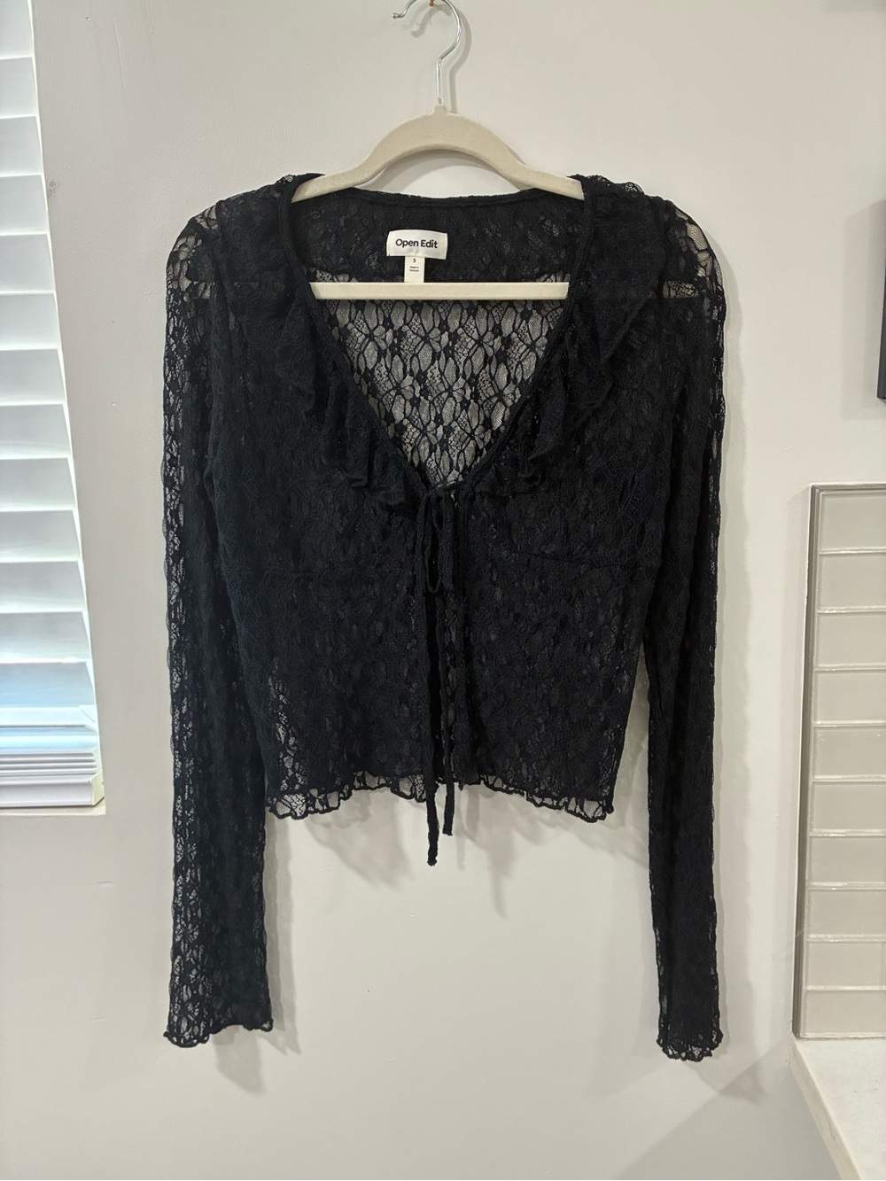Open Edit Black Lace Tie-Front Sheer Blouse